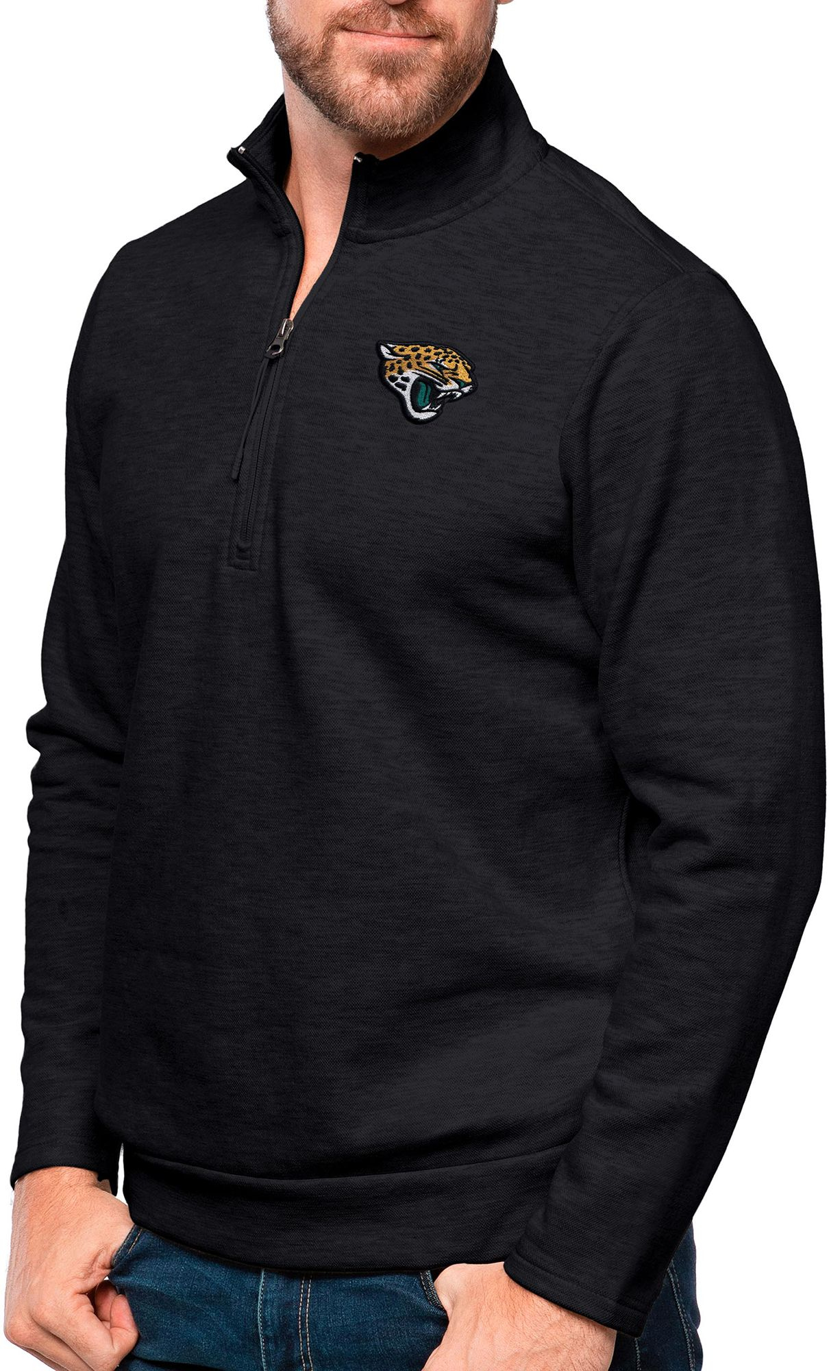 Antigua Jacksonville Jaguars Black Heather Gambit Quarter-Zip Long Sleeve Pullover T-Shirt, Men's, XXL, Gray