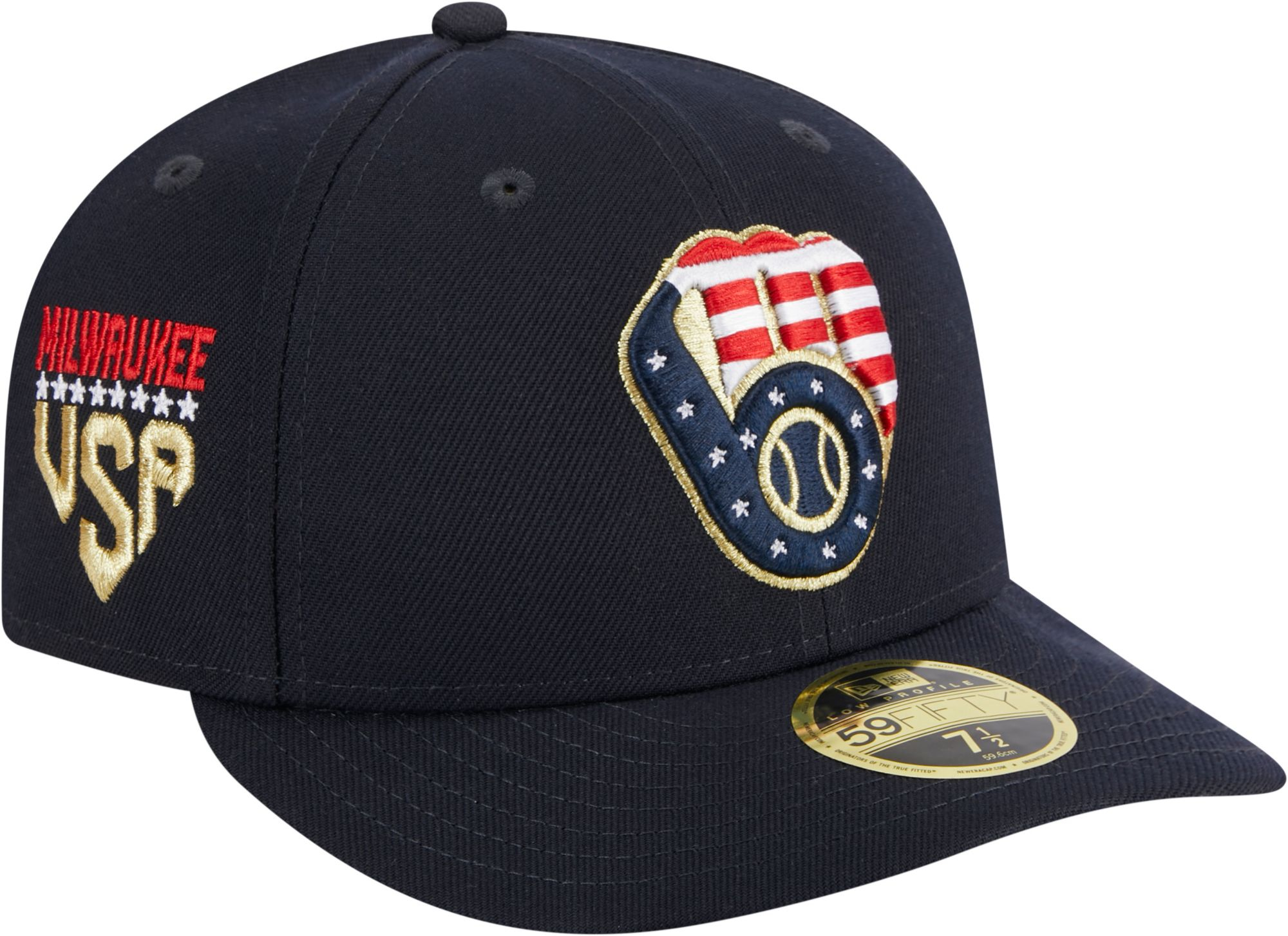 New Era Men's Fourth of July '23 Milwaukee Brewers Navy Low Profile 9Fifty Fitted Hat, Size 7, Blue