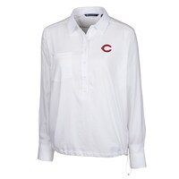 Women's Cutter & Buck White Cincinnati Reds Windward Twill Popover Long Sleeve Shirt