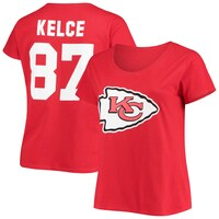 Women's Travis Kelce Red Kansas City Chiefs Plus Size Fair Catch Name & Number V-Neck T-Shirt