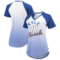 Women's Touch White/Blue Kyle Busch Shortstop Ombre Raglan V-Neck T-Shirt