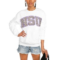 Women's Gameday Couture White Northwestern State Demons Distressed Snap Perfect Oversized Pullover Sweatshirt