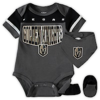 Newborn & Infant Charcoal/Black Vegas Golden Knights Puck Happy Bodysuit Bib & Booties Set
