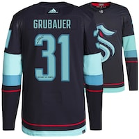 Philipp Grubauer Seattle Kraken Autographed Deep Sea Blue adidas Authentic Jersey with "Release The Kraken" Inscription and Inaugural Season Jersey Patch