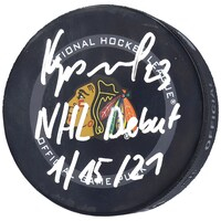 Philipp Kurashev Chicago Blackhawks Autographed Official Game Puck with "NHL Debut 1/15/21" Inscription