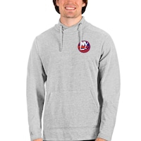 Men's Antigua Heathered Gray New York Islanders Team Reward Crossover Neckline Pullover Sweatshirt