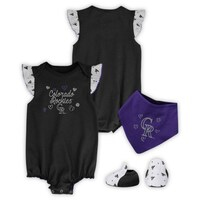 Girls Newborn & Infant Black Colorado Rockies 3-Piece Home Plate Bodysuit Bib & Booties Set