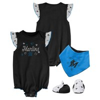 Girls Newborn & Infant Black Miami Marlins 3-Piece Home Plate Bodysuit Bib & Booties Set