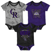 Newborn & Infant Colorado Rockies Black/Heathered Gray/Purple Game Time Three-Piece Bodysuit Set