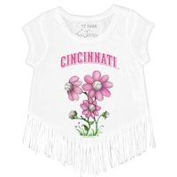 Girls Toddler Tiny Turnip White Cincinnati Reds Blooming Baseballs Fringe T-Shirt