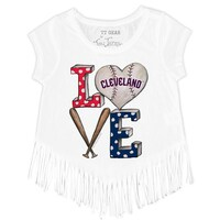 Girls Toddler Tiny Turnip White Cleveland Guardians Baseball Love Fringe T-Shirt