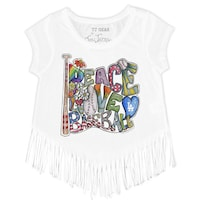 Girls Toddler Tiny Turnip White Los Angeles Dodgers Peace Love Baseball Fringe T-Shirt