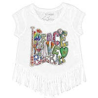 Girls Toddler Tiny Turnip White Oakland Athletics Peace Love Baseball Fringe T-Shirt