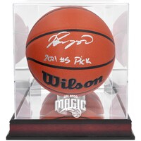 Jalen Suggs Orlando Magic Autographed Wilson Replica Basketball with "2021 #5 Pick" Inscription & Mahogany Team Logo Display Case