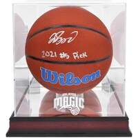 Jalen Suggs Orlando Magic Autographed Wilson Team Logo Basketball with "2021 #5 Pick" Inscription & Mahogany Team Logo Display Case