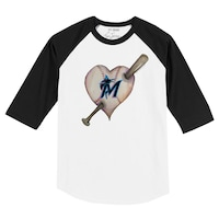 Toddler Tiny Turnip White/Black Miami Marlins Heart Bat Raglan 3/4 Sleeve T-Shirt