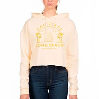 Women's Uscape Apparel Cream Cal State Long Beach The Beach Circle Scene Raw Edge Cropped Pullover Hoodie