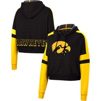 Women's Colosseum Black Iowa Hawkeyes Throwback Stripe Arch Logo Cropped Pullover Hoodie