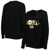Women's Cuce Black Green Bay Packers Sequin Logo V-Neck Pullover Sweatshirt