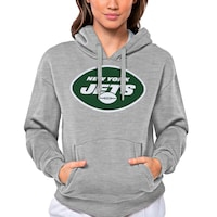 Women's Antigua Heathered Gray New York Jets Victory Logo Pullover Hoodie