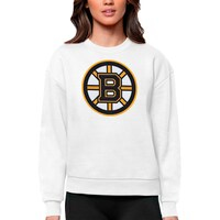 Women's Antigua White Boston Bruins Primary Logo Team Logo Victory Crewneck Pullover Sweatshirt