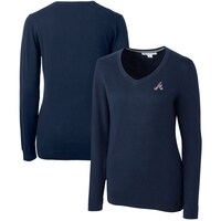 Women's Cutter & Buck Navy Atlanta Braves Americana Logo Lakemont Tri-Blend V-Neck Pullover Sweater