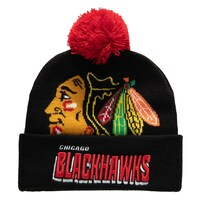Men's Mitchell & Ness Black Chicago Blackhawks Punch Out Cuffed Knit Hat with Pom
