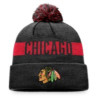 Men's Fanatics Branded Charcoal Chicago Blackhawks Fundamental Patch Cuffed Knit Hat with Pom