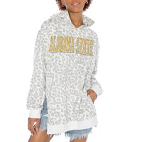 Women's Gameday Couture White Alabama State Hornets Home Team Advantage Leopard Print Oversized Side-Slit Pullover Hoodie
