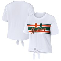 Women's WEAR by Erin Andrews White Miami Hurricanes Striped Front Knot Cropped T-Shirt