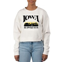 Women's Uscape Apparel Cream Iowa Hawkeyes Pigment Dyed Local Skyline Fleece Crop Crewneck Sweatshirt