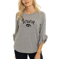 Women's  Gray Iowa Hawkeyes Renatta Striped Ruffle 3/4-Sleeve T-Shirt