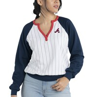 Women's Lusso White/Navy Atlanta Braves Mack Fleece V-Neck Pullover Top