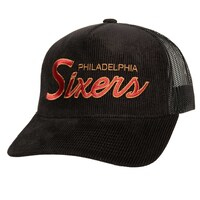 Men's Mitchell & Ness Black Philadelphia 76ers Times Up Classic Script Cord Trucker Hat