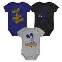Newborn & Infant Purple/Black/Gray Baltimore Ravens Three-Piece Disney Game Time Bodysuit Set