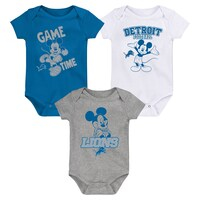 Newborn & Infant Blue/White/Gray Detroit Lions Three-Piece Disney Game Time Bodysuit Set