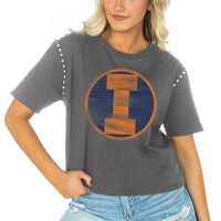 Women's Gameday Couture  Gray Illinois Fighting Illini Galore Studded Sleeve Crop Top