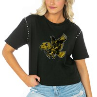 Women's Gameday Couture  Black Iowa Hawkeyes Galore Studded Sleeve Crop Top
