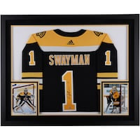 Jeremy Swayman Boston Bruins Autographed SM Deluxe Framed Black Home Adidas Authentic Jersey