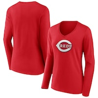 Women's Fanatics Branded Red Cincinnati Reds Official Logo V-Neck Long Sleeve T-Shirt
