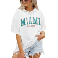 Women's Gameday Couture  White Miami Dolphins Oversized Chic Captain French Terry Short Sleeve Pullover Hoodie