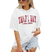 Women's Gameday Couture  White Tampa Bay Buccaneers Oversized Chic Captain French Terry Short Sleeve Pullover Hoodie