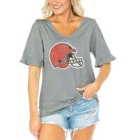 Women's Gameday Couture  Gray Cleveland Browns Field Finesse Ruffle Sleeve V-Neck T-Shirt