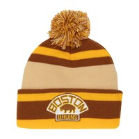 Men's Mitchell & Ness Brown/Cream Boston Bruins 100th Anniversary Collection 1930 Cuffed Knit Hat with Pom