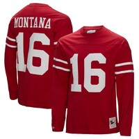 Men's Mitchell & Ness Joe Montana Scarlet San Francisco 49ers Throwback Retired Player Name & Number Long Sleeve Top