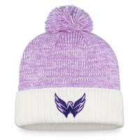 Men's Fanatics Branded White/Purple Washington Capitals 2022 Hockey Fights Cancer Authentic Pro Cuffed Knit Hat with Pom