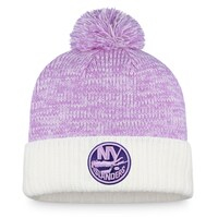 Men's Fanatics Branded White/Purple New York Islanders 2022 Hockey Fights Cancer Authentic Pro Cuffed Knit Hat with Pom