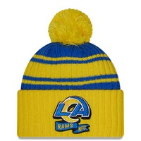 Men's New Era Blue/Gold Los Angeles Rams 2022 Sideline Cuffed Pom Knit Hat