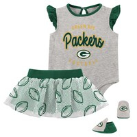 Girls Infant Heather Gray/Green Green Bay Packers All Dolled Up Three-Piece Bodysuit, Skirt & Booties Set