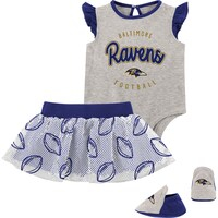 Girls Infant Heather Gray/Purple Baltimore Ravens All Dolled Up Three-Piece Bodysuit, Skirt & Booties Set